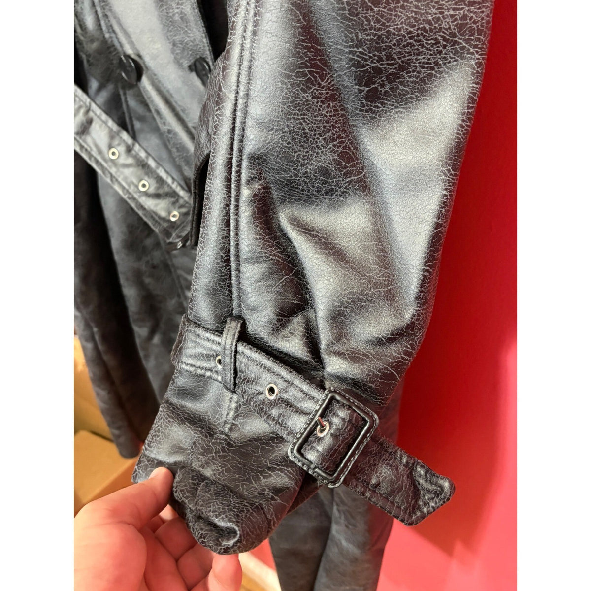 Bellivera Black Faux Leather Fur Collar Belted Trench Coat XXL 2XL NWT