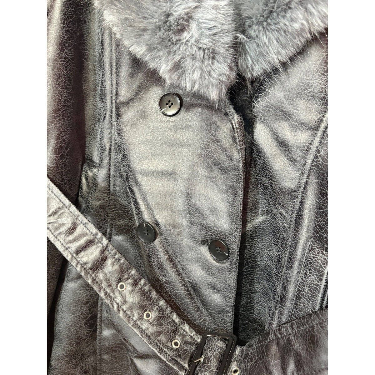 Bellivera Black Faux Leather Fur Collar Belted Trench Coat XXL 2XL NWT
