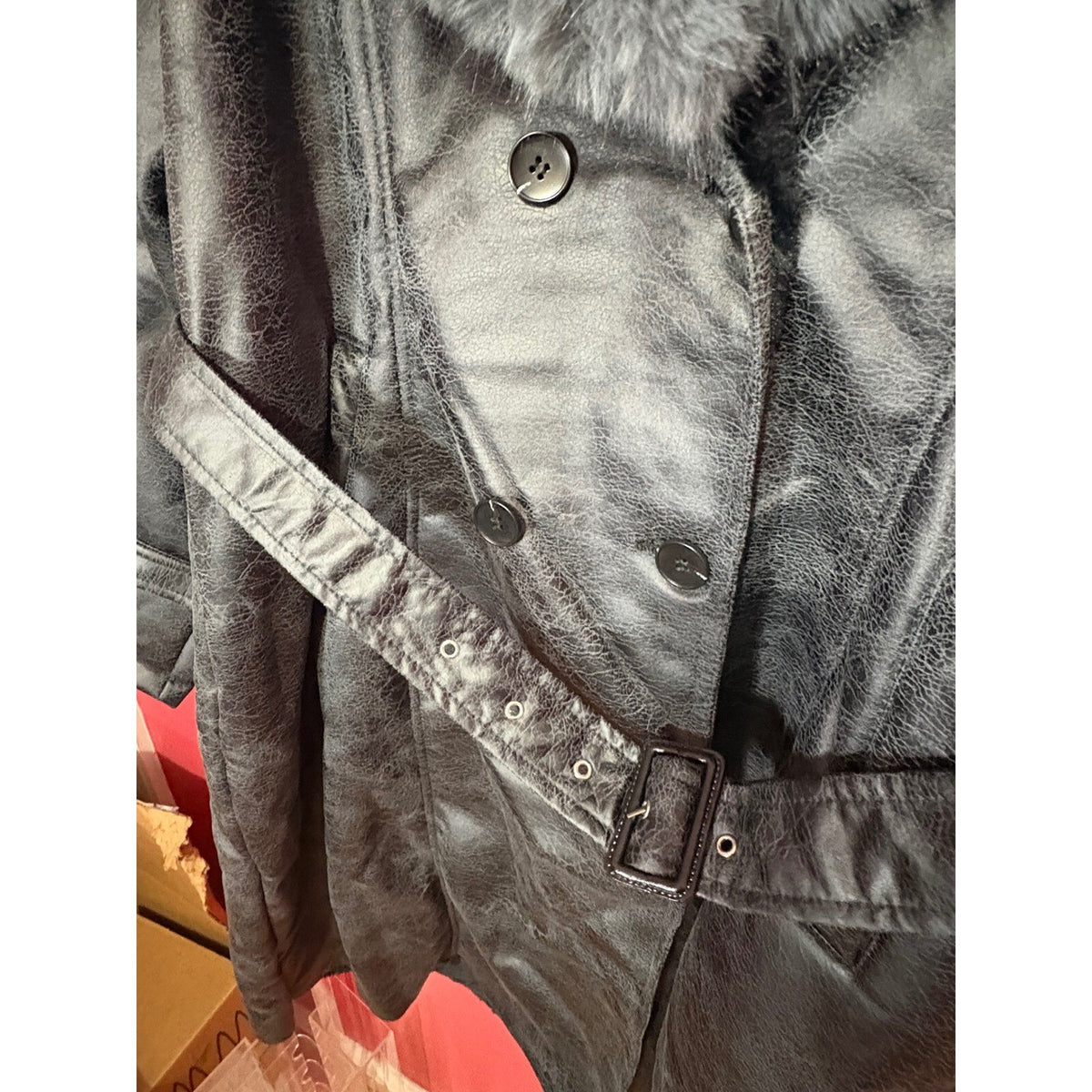 Bellivera Black Faux Leather Fur Collar Belted Trench Coat XXL 2XL NWT