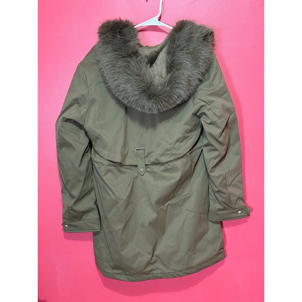 RISISSIDA Women's Olive Green Faux Fur Hooded Winter Parka Coat Size M NWT