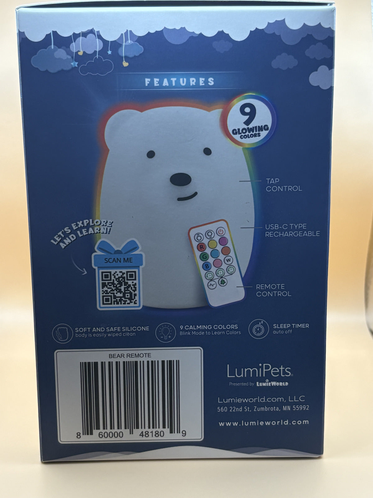 LumiPets Bear LED Night Light Remote 9 Color USB Rechargeable New 1809