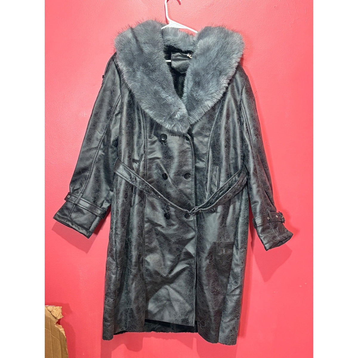 Bellivera Black Faux Leather Fur Collar Belted Trench Coat XXL 2XL NWT