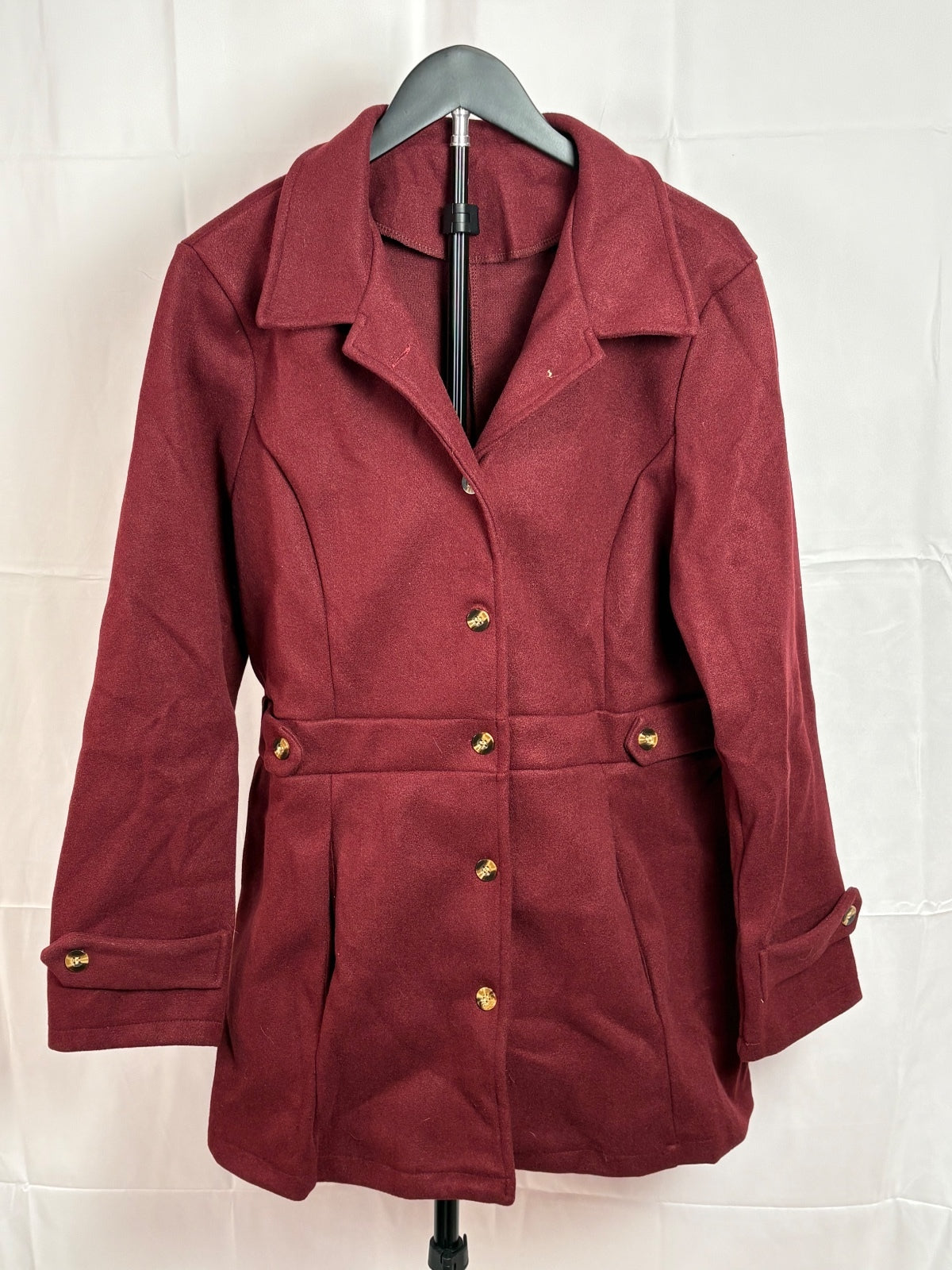 Women’s Burgundy Tailored Coat Gold Buttons Size Large Long Sleeve Jacket