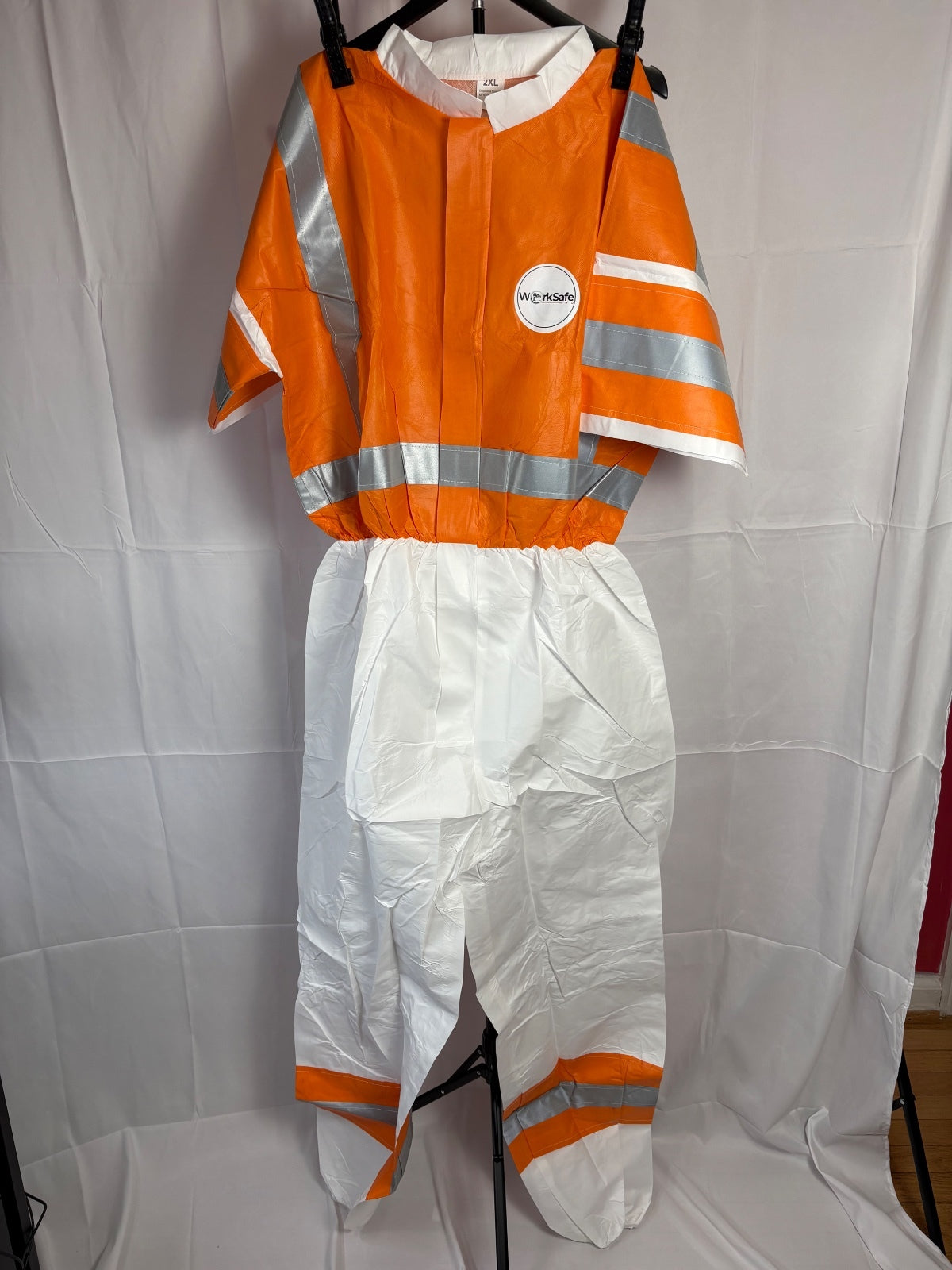 WorkSafe 2XL Hi Vis Reflective Disposable Coveralls Orange White Short Sleeve