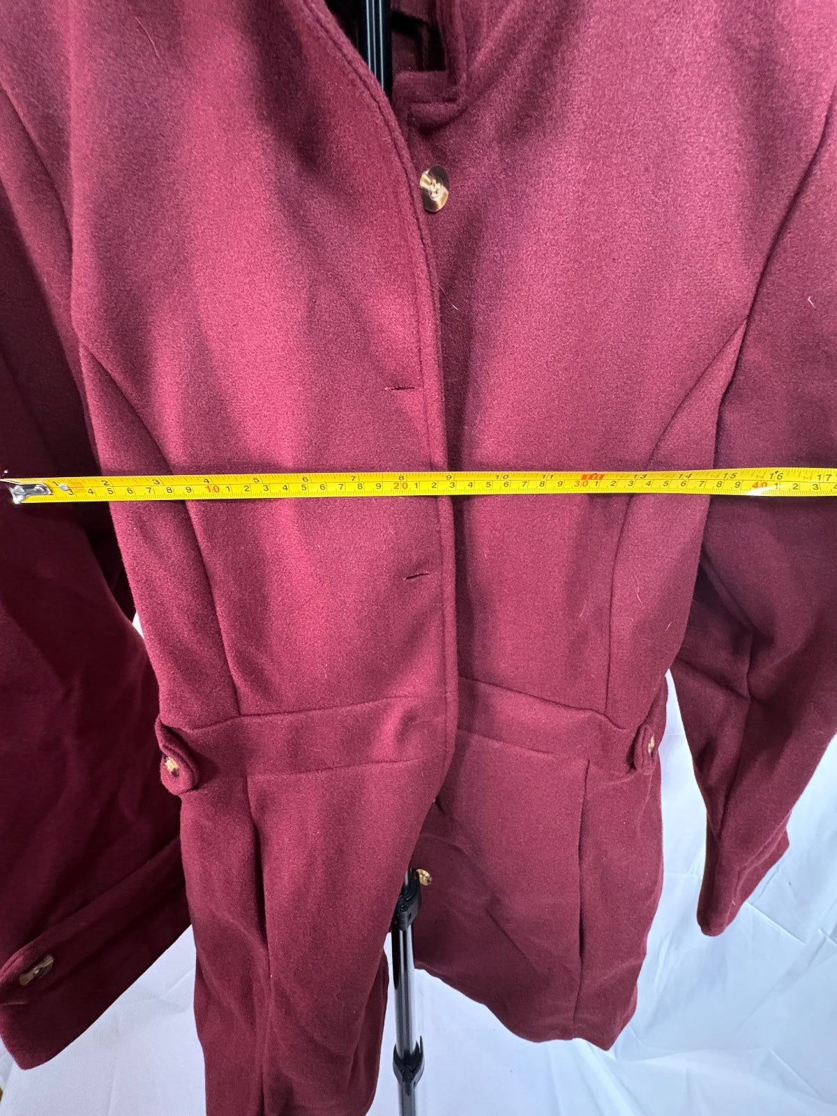 Women’s Burgundy Tailored Coat Gold Buttons Size Large Long Sleeve Jacket