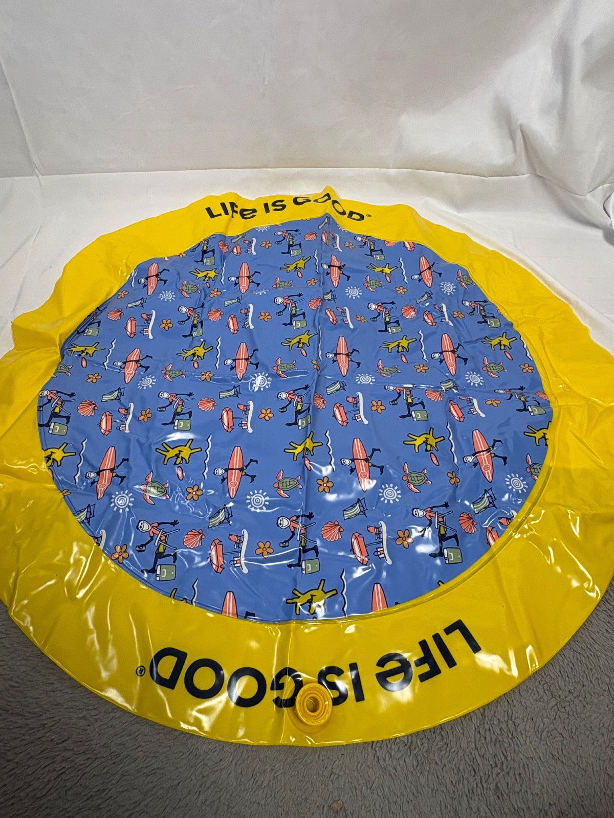 Life Is Good 39” Dog Splash Pad Sprinkler Mat Outdoor Pet Water Toy Blue Yellow