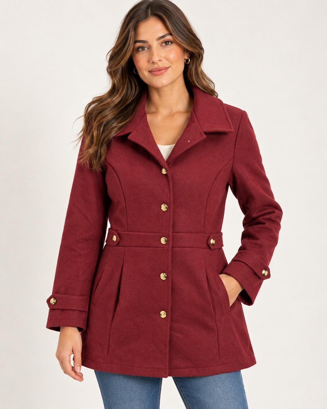 Women’s Burgundy Tailored Coat Gold Buttons Size Large Long Sleeve Jacket
