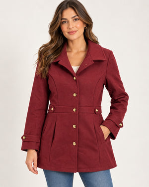 Women’s Burgundy Tailored Coat Gold Buttons Size Large Long Sleeve Jacket