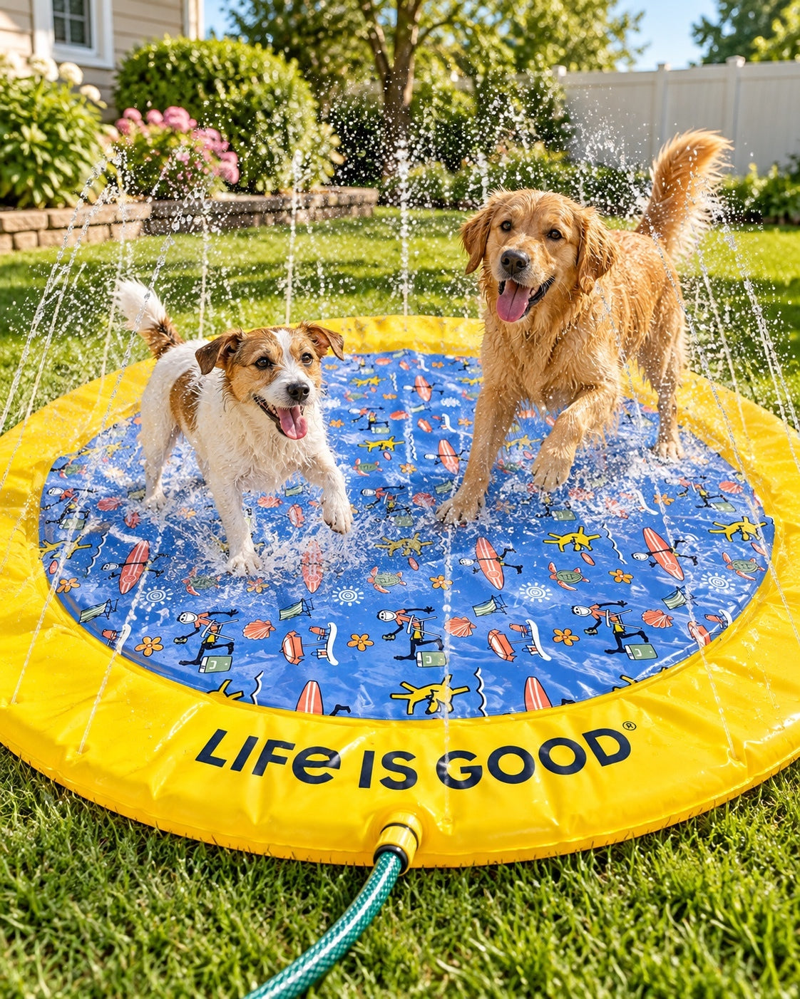 Life Is Good 39” Dog Splash Pad Sprinkler Mat Outdoor Pet Water Toy Blue Yellow