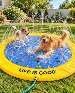 Life Is Good 39” Dog Splash Pad Sprinkler Mat Outdoor Pet Water Toy Blue Yellow
