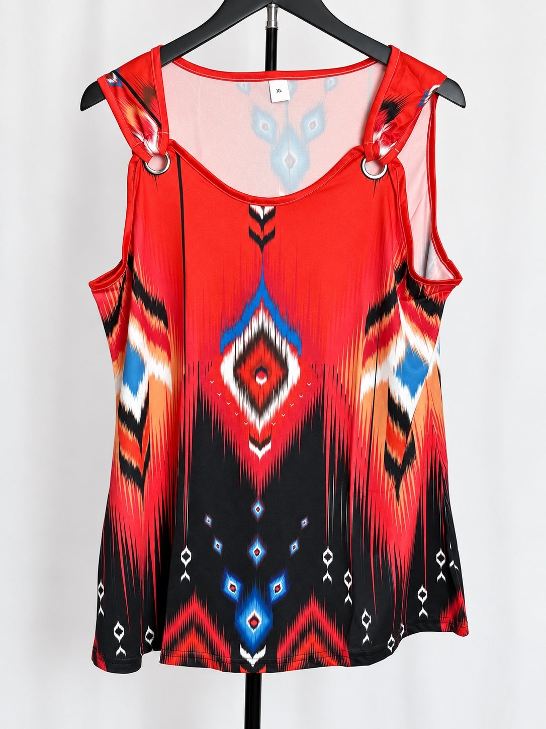 Women’s XL Red Black Blue Geometric Print Ring Strap Sleeveless Top