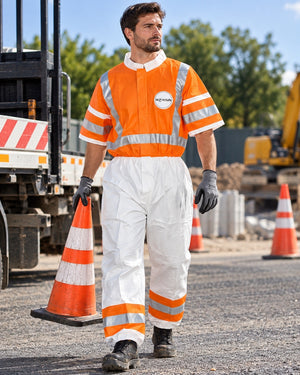 WorkSafe 2XL Hi Vis Reflective Disposable Coveralls Orange White Short Sleeve