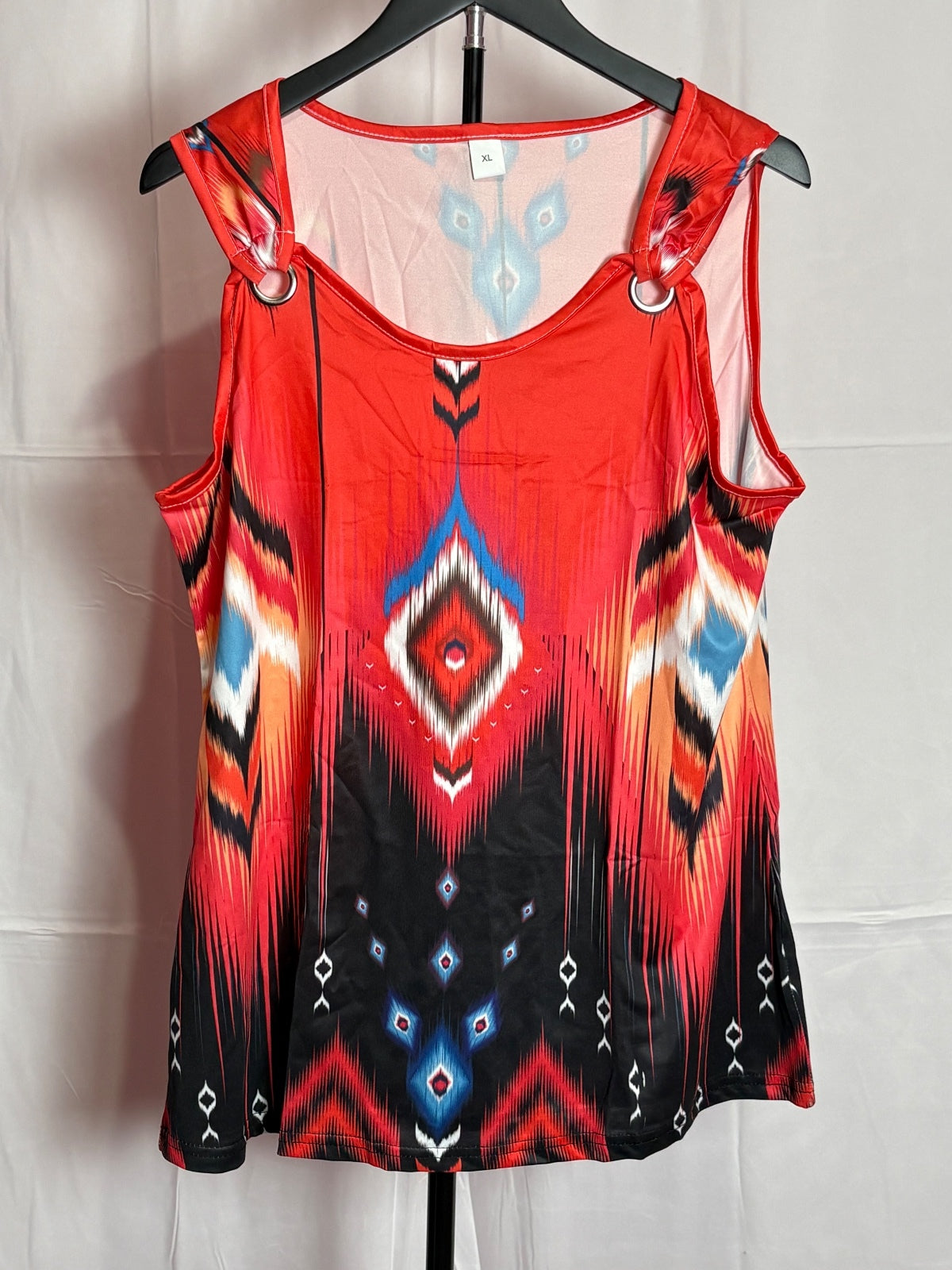Women’s XL Red Black Blue Geometric Print Ring Strap Sleeveless Top