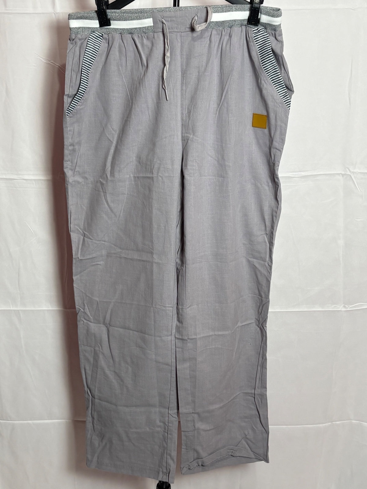 Women’s Gray Cotton Linen Drawstring Pants XL Elastic Waist Casual Lightweight
