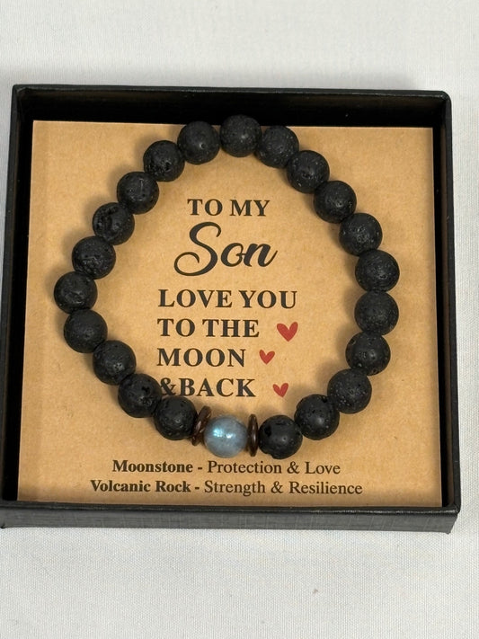 To My Son Lava Rock Moonstone Beaded Bracelet Love You Moon Back Gift Box