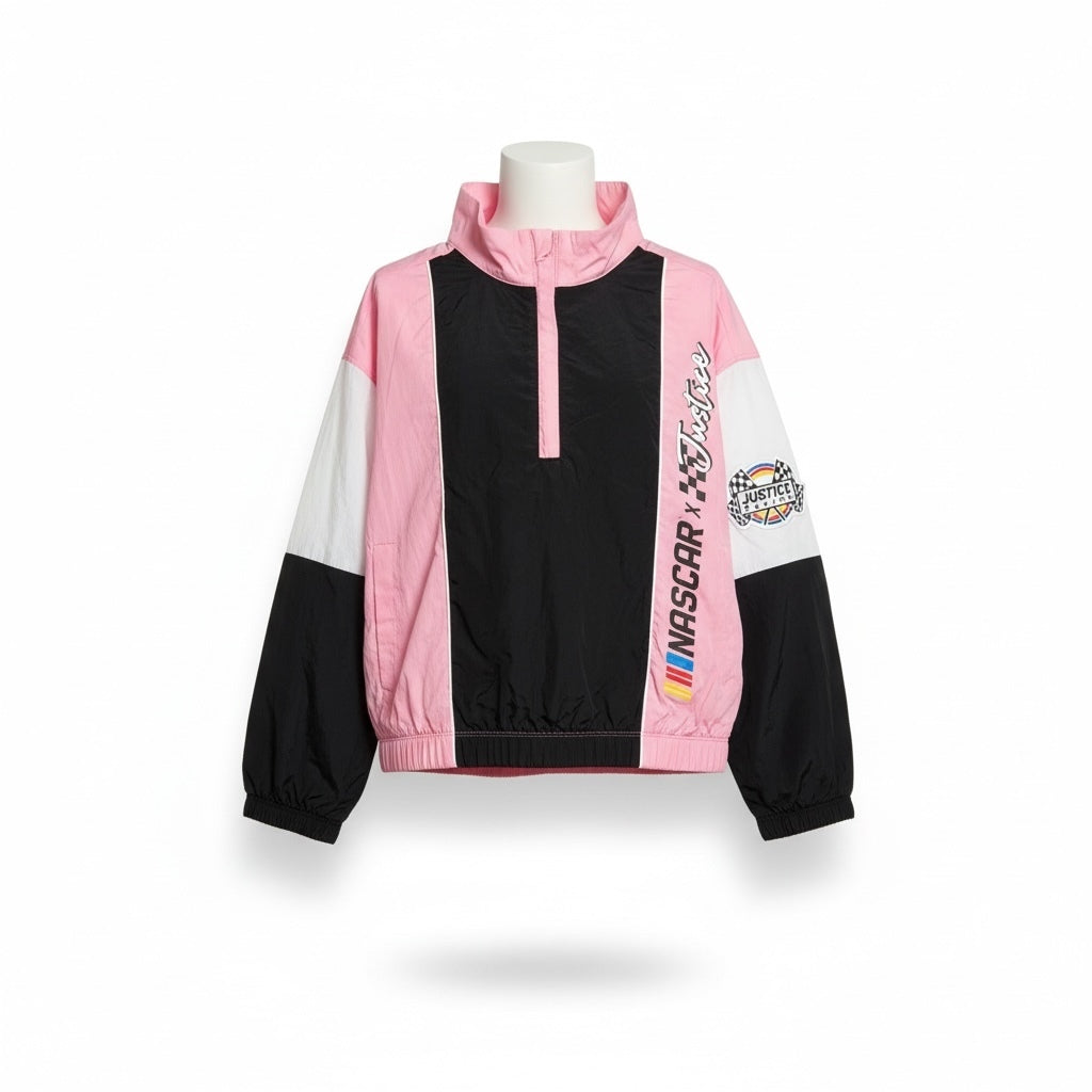 Justice x NASCAR Girls Half Zip Windbreaker Jacket Pink Black S 7/8 NWT — photo 1