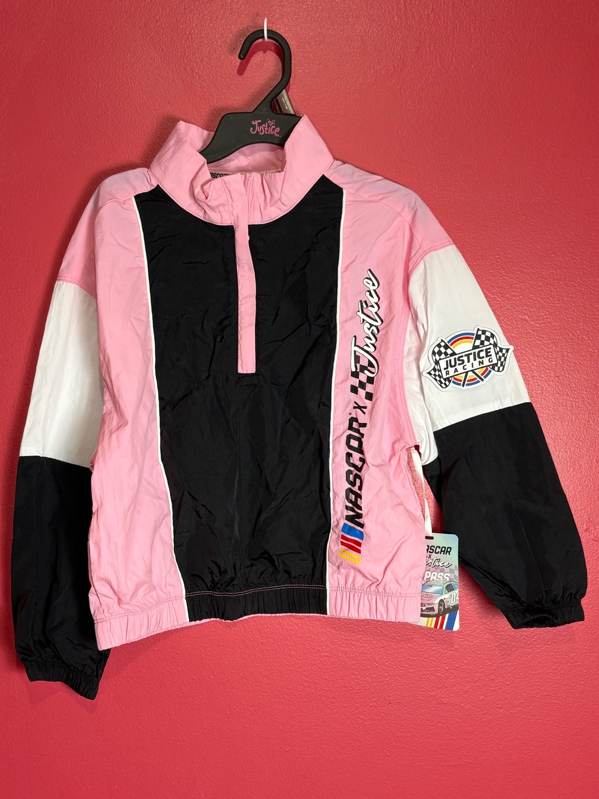 Justice x NASCAR Girls Half Zip Windbreaker Jacket Pink Black S 7/8 NWT — photo 2