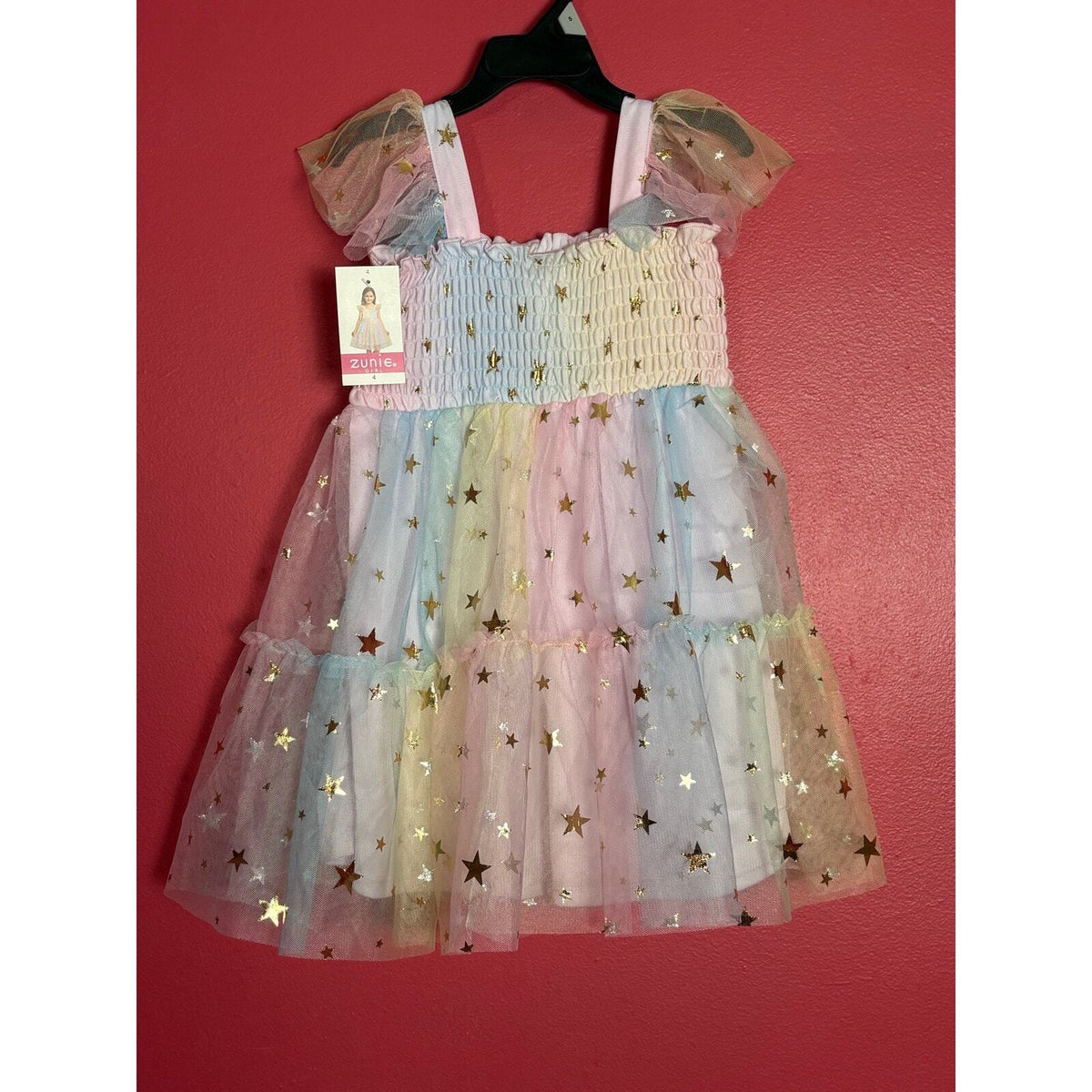 Zunie Girl Size 4 Rainbow Tulle Dress Gold Stars Pastel Party Princess NWT — photo 4
