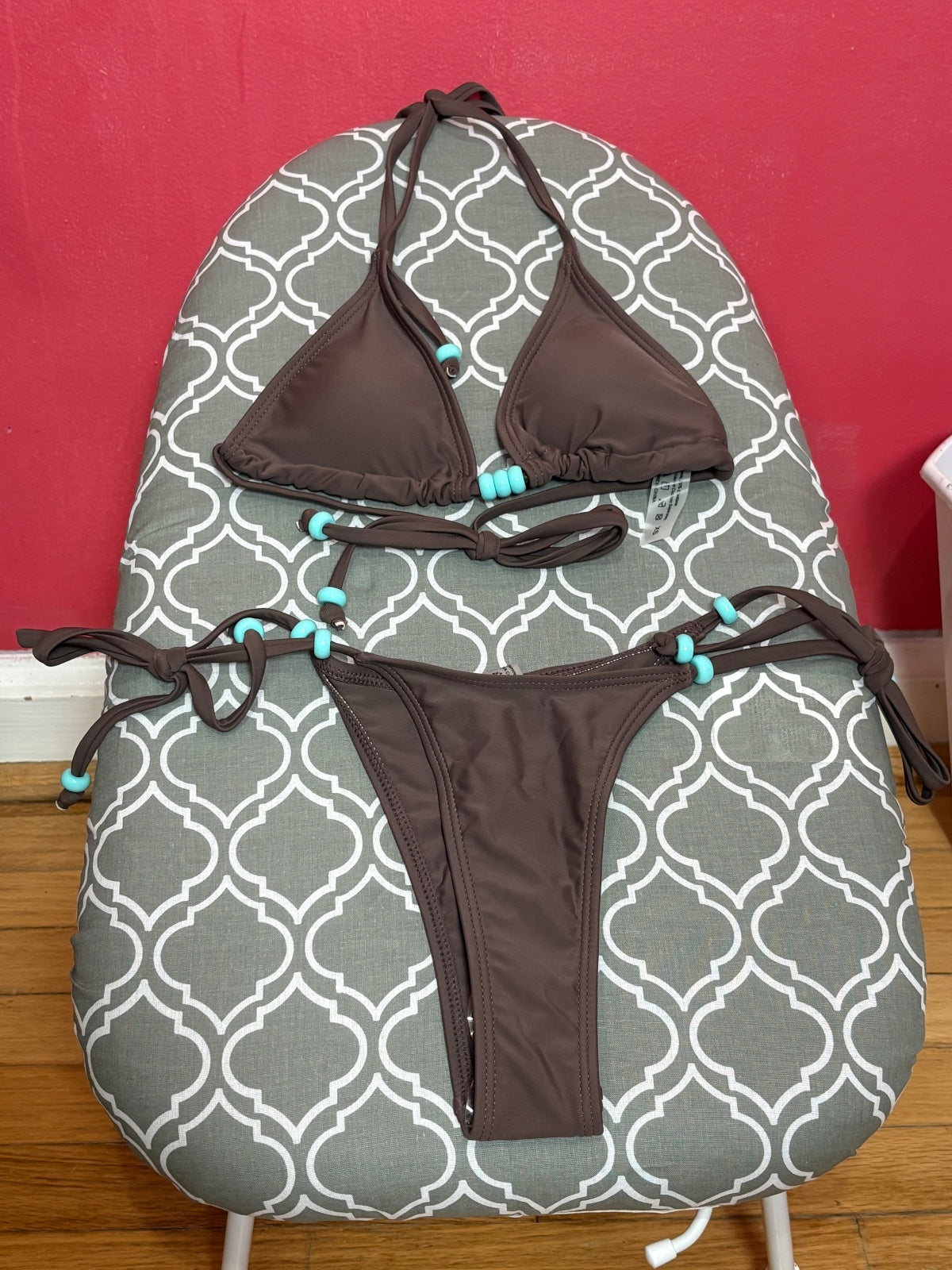 Brown Turquoise Beaded String Bikini Set Women’s XS Triangle Tie Side Swimwear — photo 2