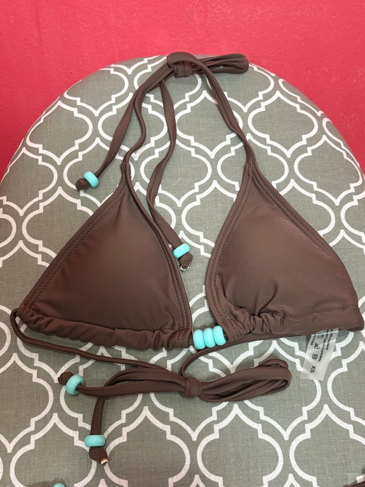 Brown Turquoise Beaded String Bikini Set Women’s XS Triangle Tie Side Swimwear — photo 3