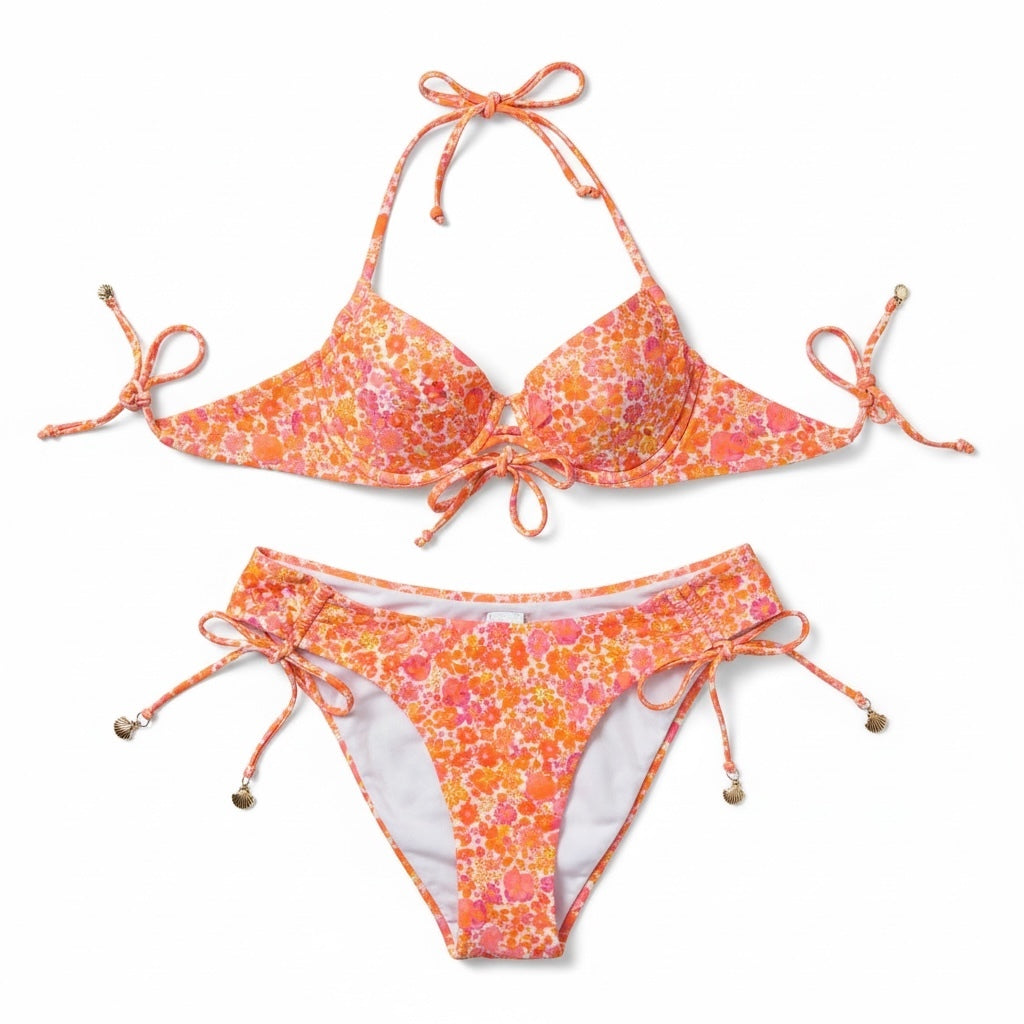 SHEIN Swim Women’s M Orange Pink Floral 2 Piece Bikini Shell Charm Tie NWT — photo 1
