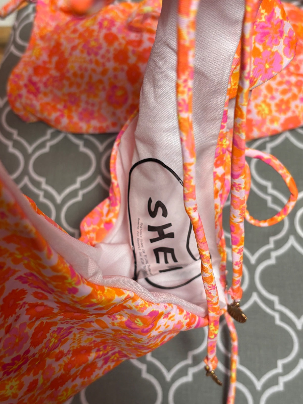 SHEIN Swim Women’s M Orange Pink Floral 2 Piece Bikini Shell Charm Tie NWT — photo 6