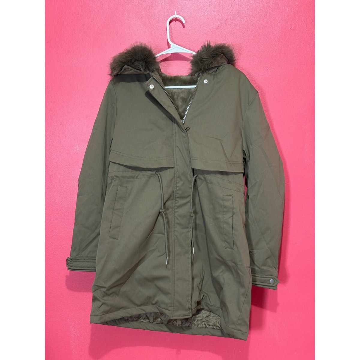 RISISSIDA Women's Olive Green Faux Fur Hooded Winter Parka Coat Size M NWT