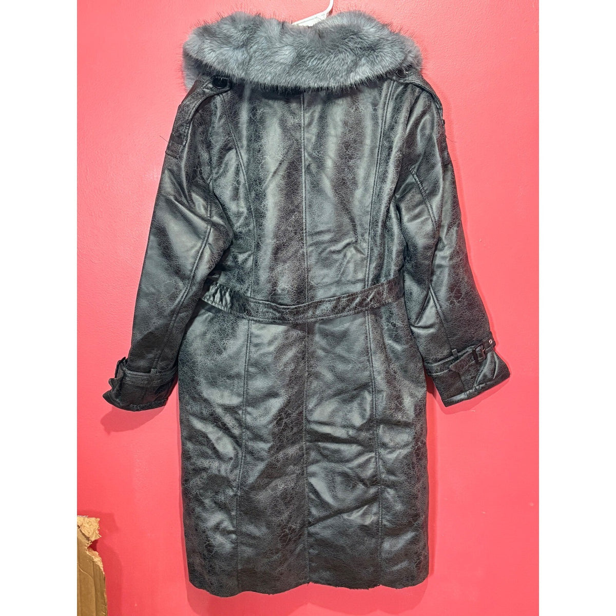 Bellivera Black Faux Leather Fur Collar Belted Trench Coat XXL 2XL NWT